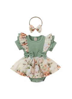 Hopscotch Hopscotch Baby Girls Cotton and Polyester Floral Print Ruffled Bodysuit With Headband in Green Color For Ages (6-9 Months)  - Image 1