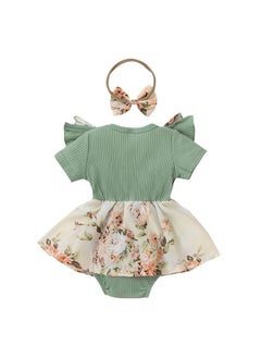 Hopscotch Hopscotch Baby Girls Cotton and Polyester Floral Print Ruffled Bodysuit With Headband in Green Color For Ages (6-9 Months)  - Image 2