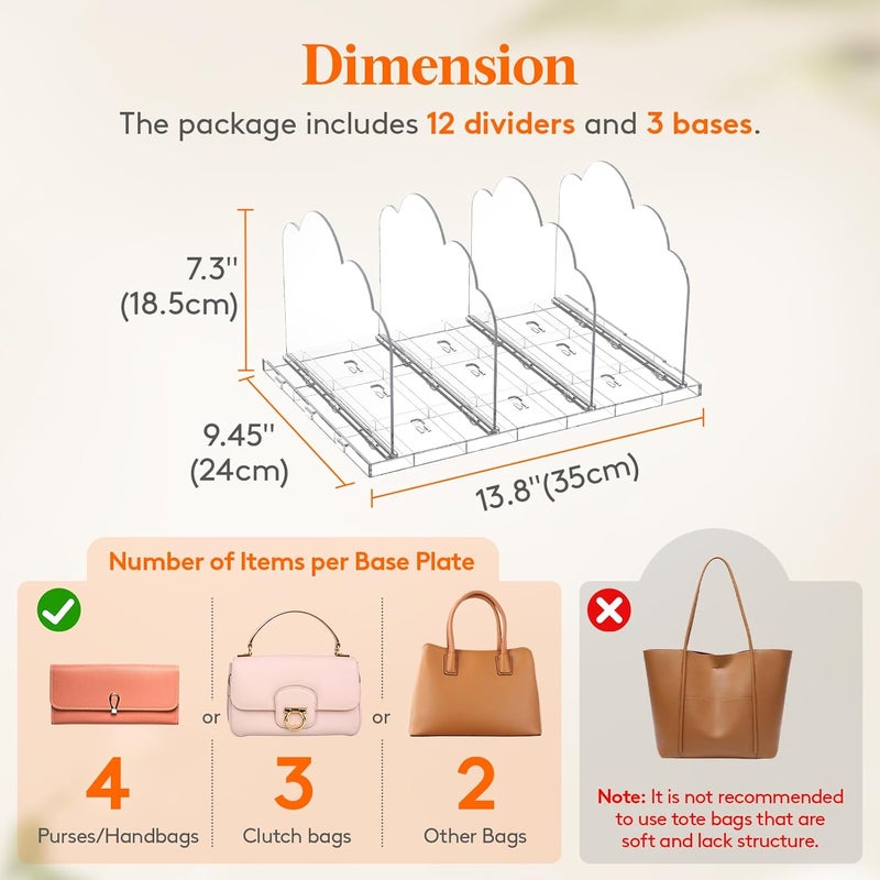Lifewit 3 Pack Plastic Purse Organizer for Closet, Adjustable Shelf Dividers for Closet Organization, Clear Bag Storage Organizer, Separators for Handbag, Clutch,Tote, Book in Bedroom, Office - Image 2
