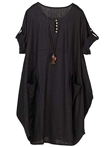 LaovanIn Women's Plus Size Tunic Dress Summer Cotton Linen T Shirt Knee-Length Dresses X-Large Black - Image 4