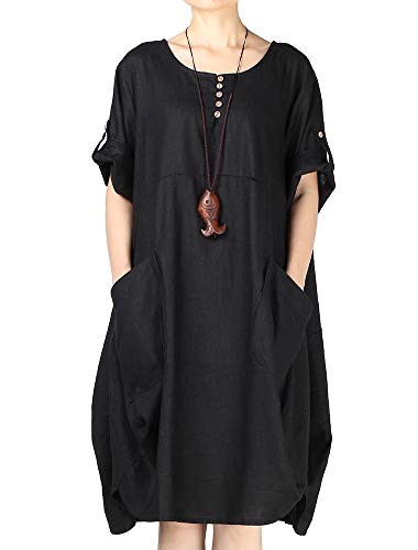 LaovanIn Women's Plus Size Tunic Dress Summer Cotton Linen T Shirt Knee-Length Dresses X-Large Black - Image 5
