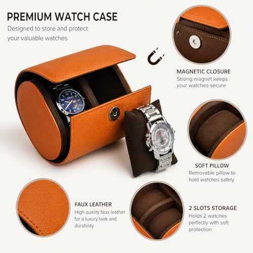 essart Luxury Watch Roll Case – Travel Watch Organizer-Watch Travel Case for 2 Watches | PU Leather Portable Gift Box for Watch Collectors Orange Color - Image 2