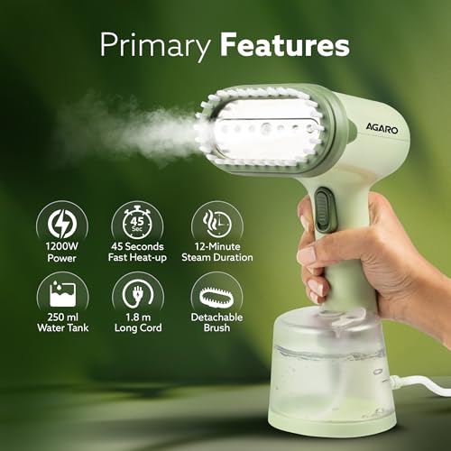 AGARO Regency Handheld Garment Steamer, Wrinkle Remover, Iron, Fast Heat, 1200W, 250 ml Water Tank, Detachable Fabric Brush - Image 2
