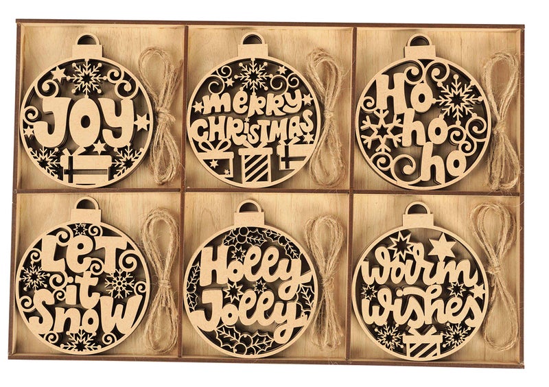 Inkdotpot 18pcs Wooden Christmas Ornaments, Unfinished Wooden Laser Cutouts Baubles Shaped Embellishments Hanging Ornament for Christmas Decorations- Tree Decor- Kids Crafts DIY - Image 2