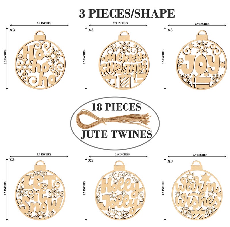 Inkdotpot 18pcs Wooden Christmas Ornaments, Unfinished Wooden Laser Cutouts Baubles Shaped Embellishments Hanging Ornament for Christmas Decorations- Tree Decor- Kids Crafts DIY - Image 4