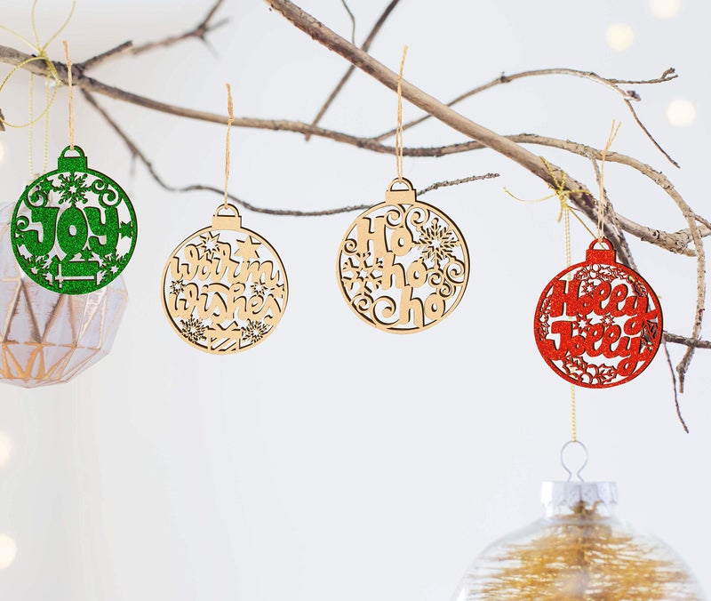 Inkdotpot 18pcs Wooden Christmas Ornaments, Unfinished Wooden Laser Cutouts Baubles Shaped Embellishments Hanging Ornament for Christmas Decorations- Tree Decor- Kids Crafts DIY - Image 5
