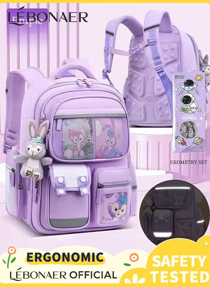 lebonaer Girl's School Backpack Waterproof Book Bag with Compartments and Doll Pendant for Teen Girls Kid Students Elementary School Kids' School Bag With Large CapacityPurple Childrens School Bag for School Age Kids Cartoon Design with Detachable Doll Pendant Beautiful and Practical Backpack Mesh Front Pocket Buckle Pocket Zippered Compartment Side Mesh Pocket for Drinking Cup Ergonomic Padded Shoulder Straps Breathable Mesh Lining Adjustable for Different Body Types Reflective Strips for Night Safety Reinforced Seams with Triangular Technology Durable Construction for Classroom and Outdoor Use Childlike Fun Motifs Soft Purple Accent Versatile Storage Space Easy Access Pockets Reduce Strain Comfortable Carry Safe for Children Growth Companion Kids Backpack for Girls and Boys Lightweight School Bag Educational Essential Daily Use Backpack Spacious Main Compartment Organized Storage School Supplies Organizer Book Bag Pencil Case Holder Lunch Box Pocket High Quality Material Long Lasting Bag Pare - Image 1