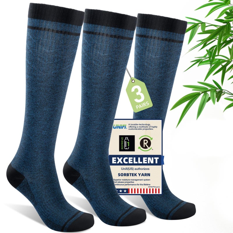 Iambamboo Mens Compression Socks for Men Women 3 Pairs 1520 mmHg Bamboo Viscose Knee High Sock for Travel LXL Steel Blue - Image 2
