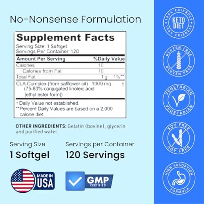 Crazy Muscle CLA 1000mg, Conjugated Linoleic Acid Fat Burner for Weight Management & Muscle Definition, High Potency, Keto-Friendly, Non-Stimulant CLA Supplement, Non-GMO, 120 Serving Softgels - Image 3