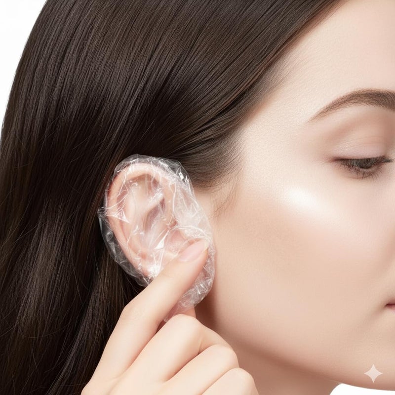 RIXTEC 100 قطعة - 50 زوج من واقيات الأذن الشفافة المقاومة للماء | أغطية أذن قابلة للتخلص منها لصبغ الشعر، الاستحمام، علاجات الشعر، والعناية | مادة PE متينة، تناسب عالمي، خفيفة الوزن وقابلة للنقل - Image 1