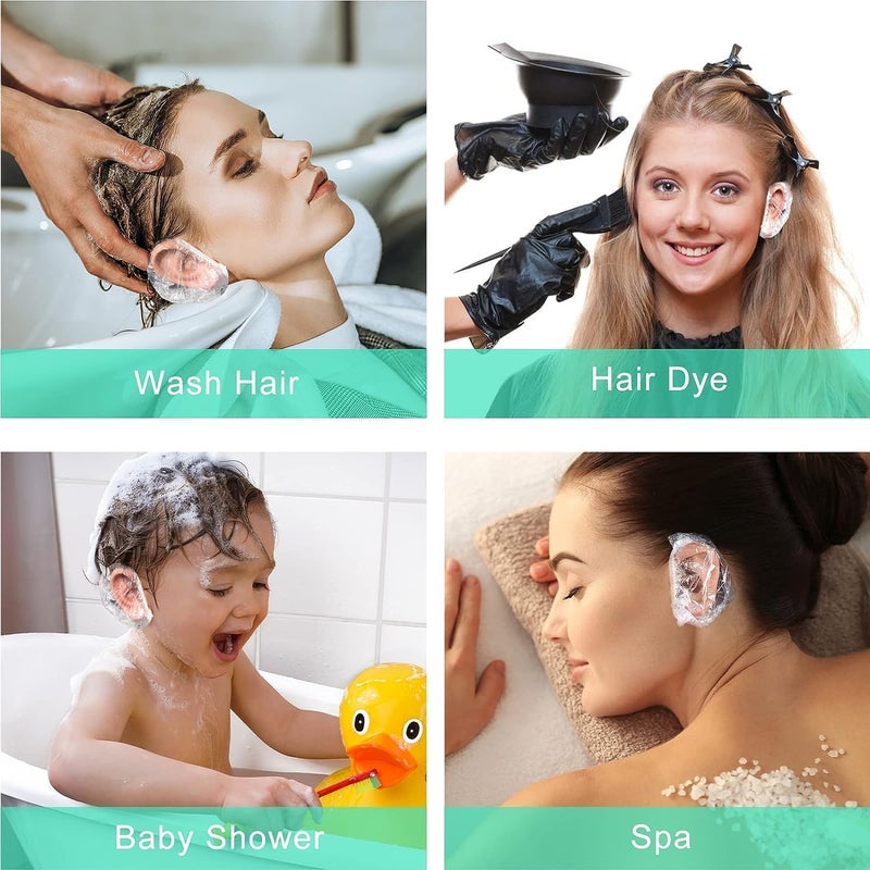 RIXTEC 100 قطعة - 50 زوج من واقيات الأذن الشفافة المقاومة للماء | أغطية أذن قابلة للتخلص منها لصبغ الشعر، الاستحمام، علاجات الشعر، والعناية | مادة PE متينة، تناسب عالمي، خفيفة الوزن وقابلة للنقل - Image 3