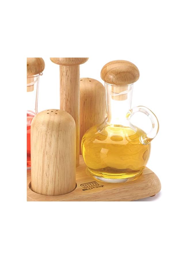 BILLI Oil & Vinegar Bottles And Salt & Pepper Shakers With Wooden Stand Brown Gw619 - Image 3