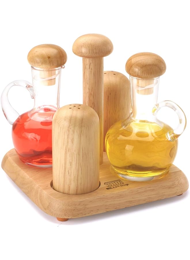 BILLI Oil & Vinegar Bottles And Salt & Pepper Shakers With Wooden Stand Brown Gw619 - Image 1