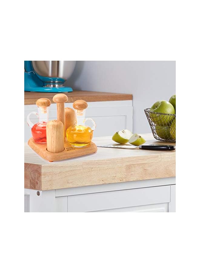 BILLI Oil & Vinegar Bottles And Salt & Pepper Shakers With Wooden Stand Brown Gw619 - Image 2