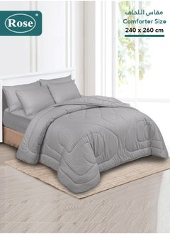 Rose ROSE Luxurious Striped Hotel Comforter, Premium Microfiber, Set of 6 pieces, Soft Lightweight, King size 260x240 cm, Light Grey  - Image 1