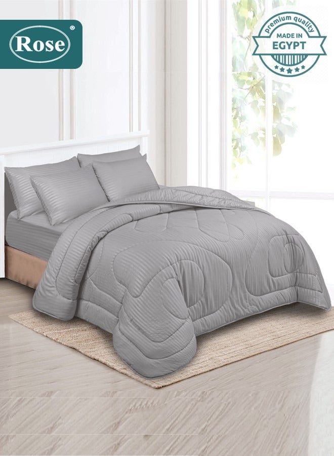 Rose Hotel Striped Comforter Set, Premium Microfiber, 6 Pieces, Fits 200x200 cm Double Size Bed, Breathable Soft Cooling, King Size Comforter, Light Grey - Image 1