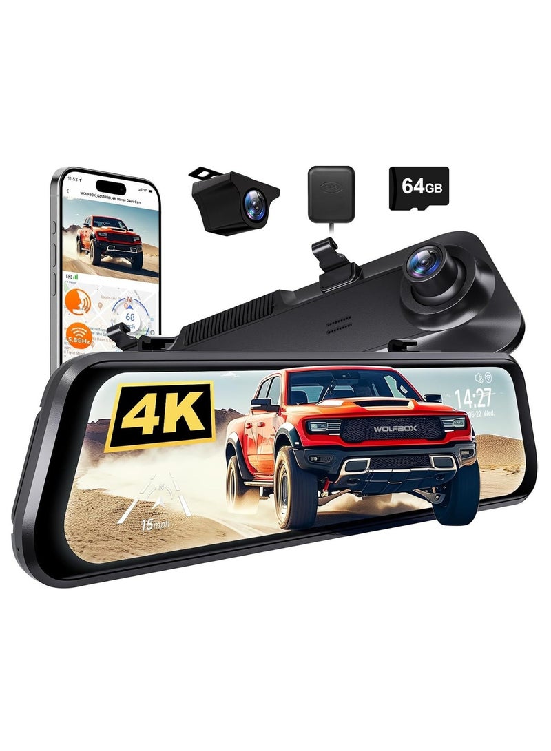 WOLFBOX G850 PRO 12" 4K Mirror Dash Cam, ADAS & 5.8GHz WiFi Smart Rearview Mirror for Cars & Trucks, Night Vision, Included 64GB Card & GPS - Image 1