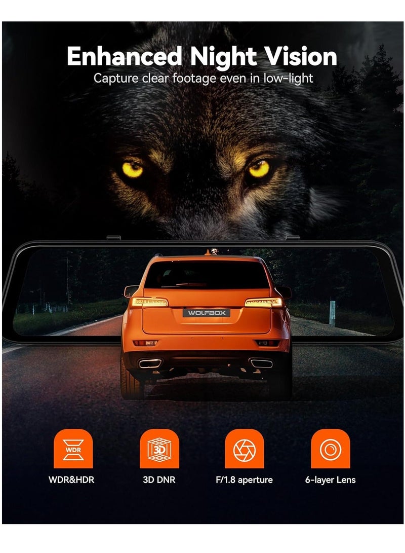 WOLFBOX G850 PRO 12" 4K Mirror Dash Cam, ADAS & 5.8GHz WiFi Smart Rearview Mirror for Cars & Trucks, Night Vision, Included 64GB Card & GPS - Image 3