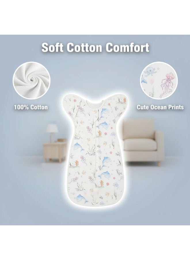 Viedouce Breathable Cotton Newborn Swaddle Blanket Wrap 0-9 Months | Arms Up Baby Swaddle Sleep Sack | Removable Cuff 2-Way Zipper | Transitions to Arms-Free Wearable Blanket | M Size, Underwater World - Image 2