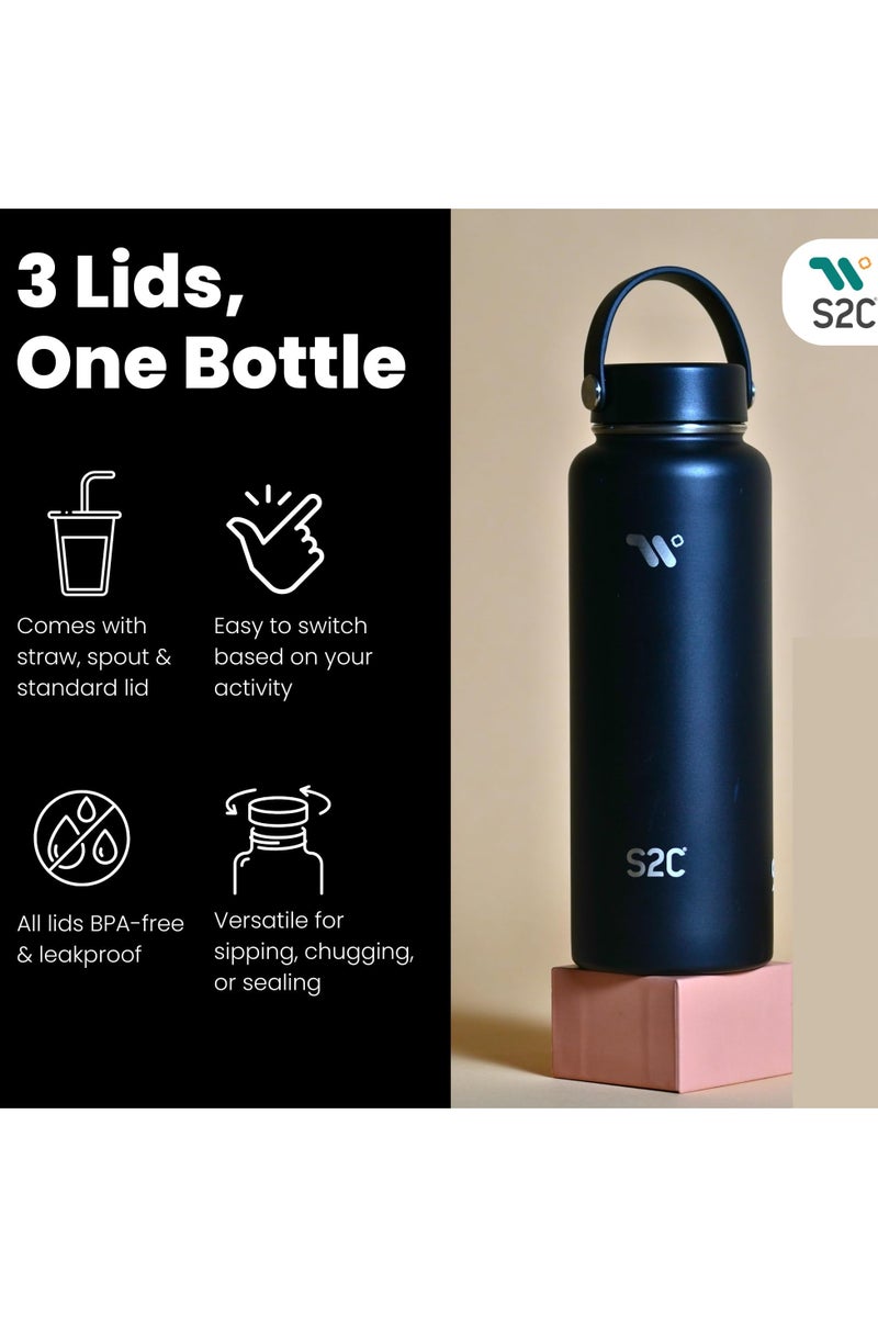 S2C 1200Ml Insulated Water Bottle With 3 Lids, Double Wall,Leak Proof, Stainless Steel Water Bottle With Straw Water Bottle For Gym, Water Bottle Thermos Flask For Hot Water Bottle (Black) - Image 3