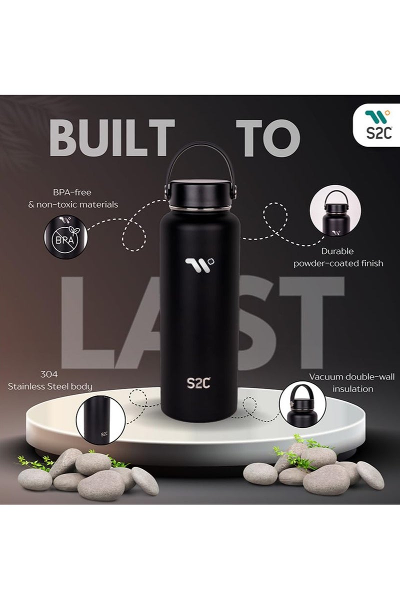 S2C 1200Ml Insulated Water Bottle With 3 Lids, Double Wall,Leak Proof, Stainless Steel Water Bottle With Straw Water Bottle For Gym, Water Bottle Thermos Flask For Hot Water Bottle (Black) - Image 2