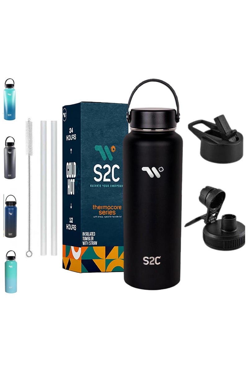 S2C 1200Ml Insulated Water Bottle With 3 Lids, Double Wall,Leak Proof, Stainless Steel Water Bottle With Straw Water Bottle For Gym, Water Bottle Thermos Flask For Hot Water Bottle (Black) - Image 1