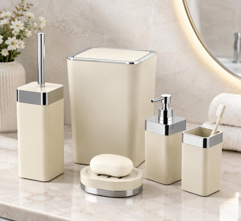 Luxury 5-Piece Bathroom Accessories Set - Elegant Modern Square Cream and Silver Vanity Ensemble Includes Wastebasket, Liquid Soap Dispenser, Toothbrush Holder, Soap Dish, and Toilet Bowl Brush - Image 2