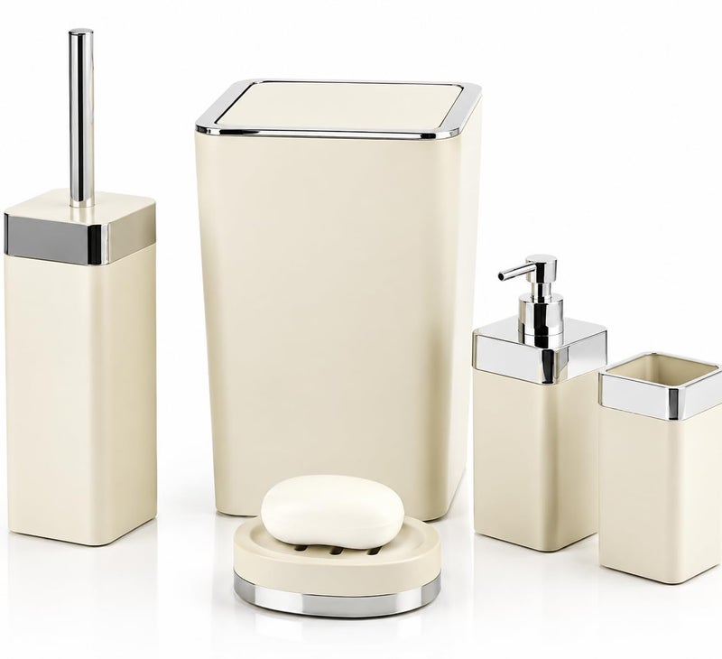 Luxury 5-Piece Bathroom Accessories Set - Elegant Modern Square Cream and Silver Vanity Ensemble Includes Wastebasket, Liquid Soap Dispenser, Toothbrush Holder, Soap Dish, and Toilet Bowl Brush - Image 1