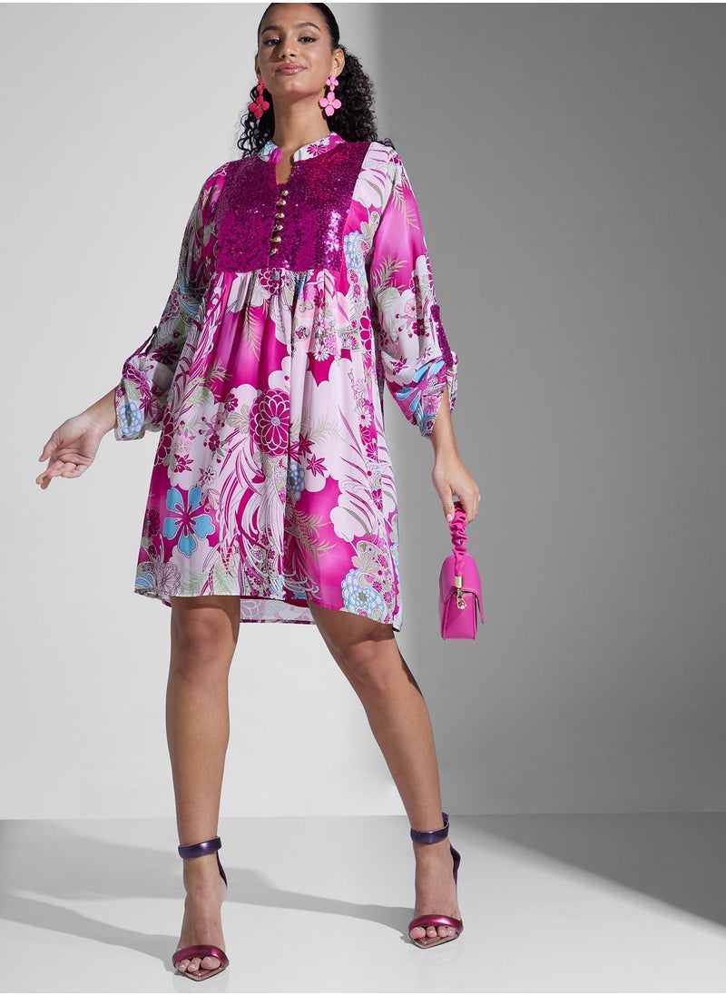 Golden Apple - Floral Printed Tunic Dress - Image 1