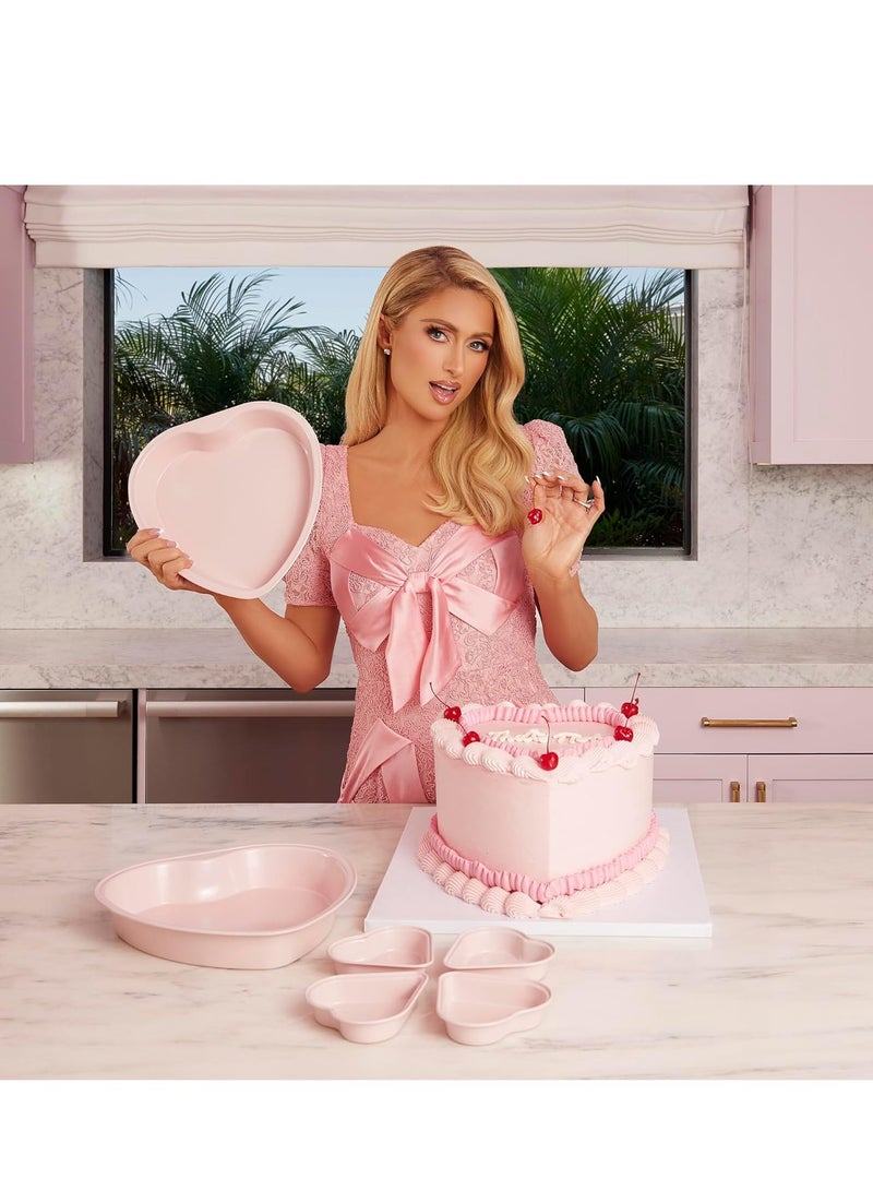 Paris Hilton Heart Shaped Nonstick Bakeware Set, Easy Release Carbon Steel, Includes two 9.5-Inch Pans and four Mini 3.5-Inch Pans, Dishwasher Safe, Made without PFAS or PFOA, 6-Piece Set, Pinkc - Image 5