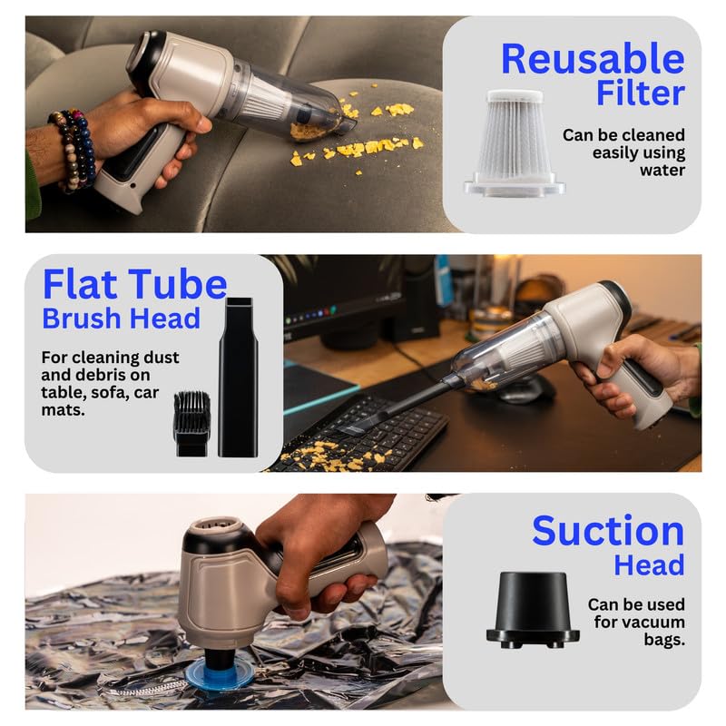 PROODOS Portable Car Vacuum Cleaner with Blower Wireless Car Accessories | 7000Pa Suction Power | 2-in-1 Vacuum & Blower | 120W Power | 42000 RPM | 4000mAh Battery (Grey) 6-Months Warranty - Image 4