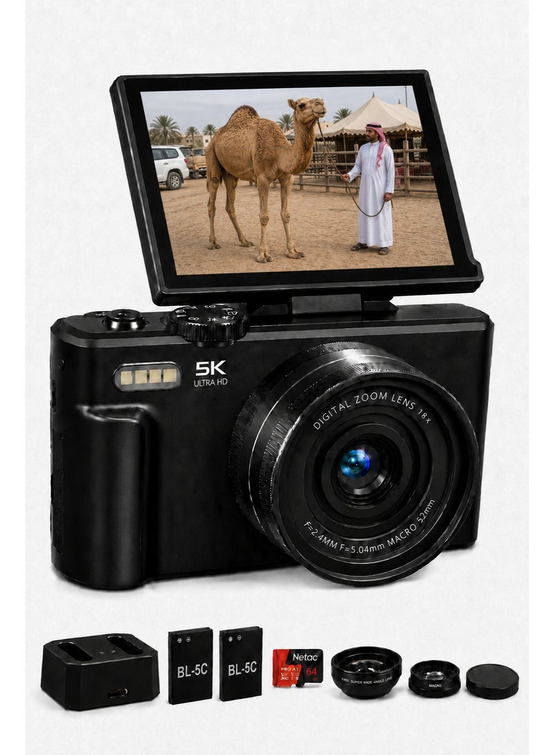 Yatao 5K 75MP Digital Camera with Autofocus & WiFi, 18X Digital Zoom, 3-Inch 180° Flip Screen, Wide-Angle & Macro Lens, 2 Batteries, Charging Dock, 64GB TF Card – Point-and-Shoot Vlogging Camera - Image 1