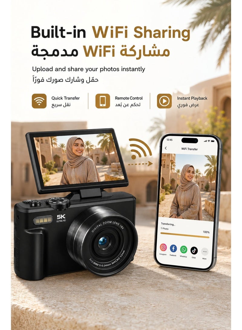 Yatao 5K 75MP Digital Camera with Autofocus & WiFi, 18X Digital Zoom, 3-Inch 180° Flip Screen, Wide-Angle & Macro Lens, 2 Batteries, Charging Dock, 64GB TF Card – Point-and-Shoot Vlogging Camera - Image 4