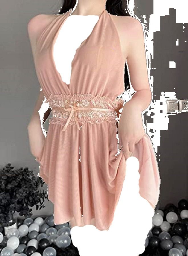 Women mini  Flowy Halter Neck  Backless Elastic waist Dress - Image 2