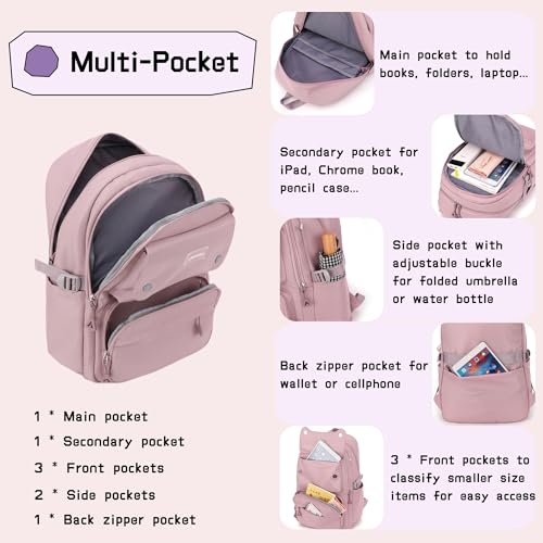 Bansusu School Backpack for Teens Girls Solid Color, Multi-pocket School Bag Girls Backpack for Kids - Image 4