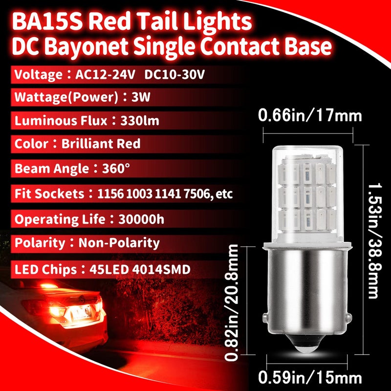 Ziomitus 12V 1156 BA15S Red 1003 1141 7506 P21W LED Bulbs,DC Bayonet Single Contact Base,AC10-24V DC10-30 volt LED Replacement for Brake,Tail Lights,Blinker,Turn Signal,Parking or Running Lights,4Pack - Image 3