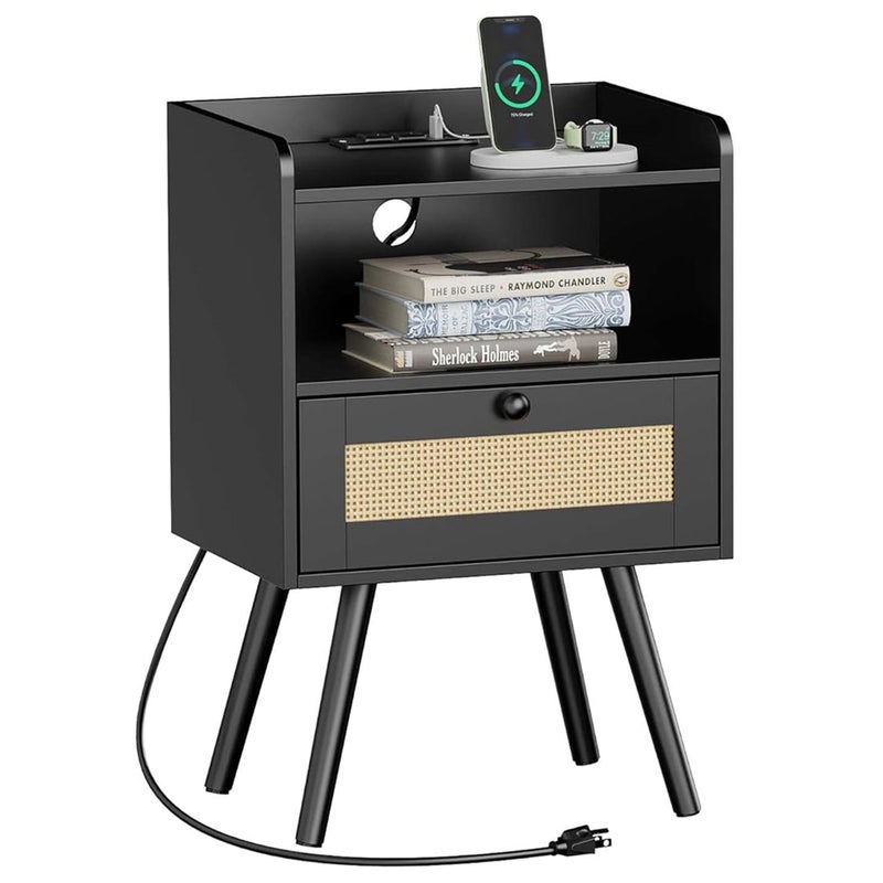 SUPERJARE Nightstand with Charging Station  RattanLike Decor Drawer Rattan End Table with Solid Wood Feet Bed Side Table with Open Storage for Bedroom Living Room Dormitory  Black