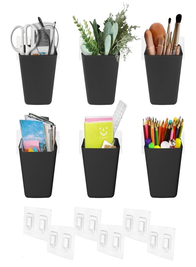 LIGHT DUST Wall Caddy Pen Holders, 6 Pack Large Pencil Cups Organizer for Marker / Remote / Crayon / White Board Accessories, with Adhesive Stickers, Office Home Craft Class Kids Room Art Organization (Black) - Image 1