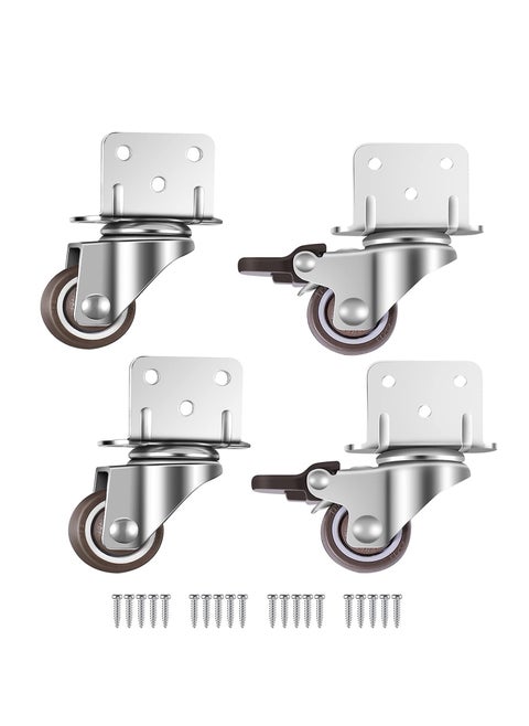 Swivel Casters, Pack of 4 No Floor Marks Silent Caster for Furniture, L-mounting Plate 25mm, Rubbered Wheels Suitable for Furniture, Flower Stands, Cribs (2 with Brakes & 2 Without Brakes)