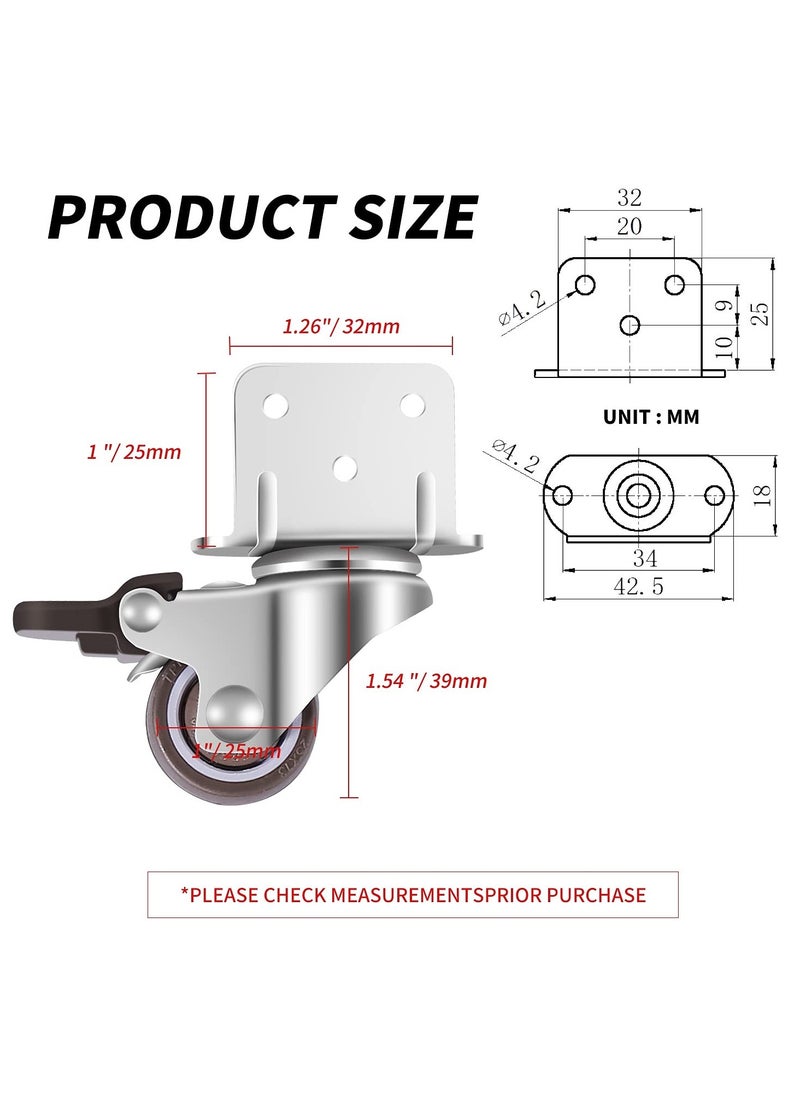 SYOSI - Swivel Casters, Pack of 4 No Floor Marks Silent Caster for Furniture, L-mounting Plate 25mm, Rubbered Wheels Suitable for Furniture, Flower Stands, Cribs (2 with Brakes & 2 Without Brakes) - Image 1
