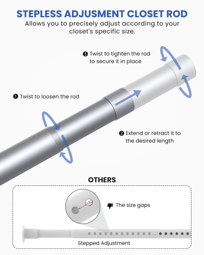 Supforce Closet Rods for Hanging Clothes, 17 to 54 Inches Stepless Adjustable Metal Closet Rod, 1.3 Inches Heavy Duty Clothes Hanging Rod for Closet Wardrobes Laundry RV, Silver - Image 2