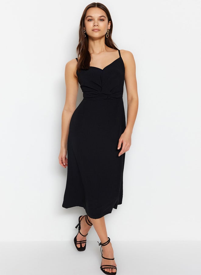 trendyol Black A-line Strap Chest Detail Midi Woven Dress  - Image 2