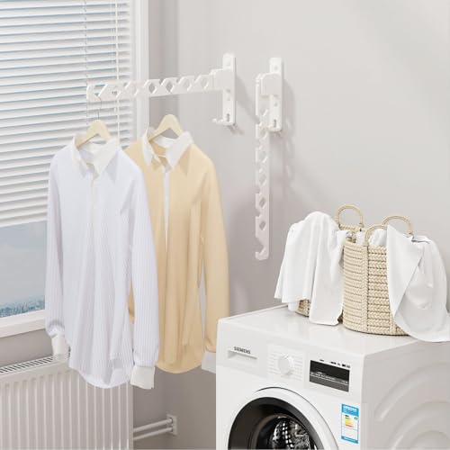 dancrul Wall Mounted Clothes Drying Rack, Wall Clothes Hanger Hook for Laundry Room, Clothes Hanger Foldable, Wall Rack Indoor, Perfect for Small Spaces, White 2 Packs - Image 3