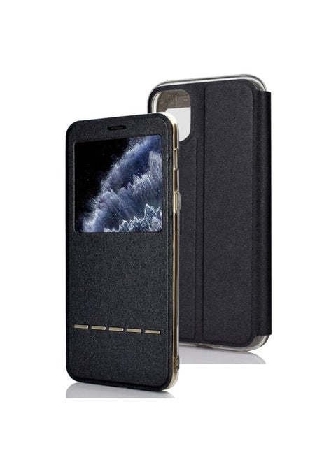 Case Cover For iPhone 11 Pro Matte Texture Horizontal Flip Bracket Mobile Phone Holster Window with Caller ID and Metal Button Slide To Unlock Black