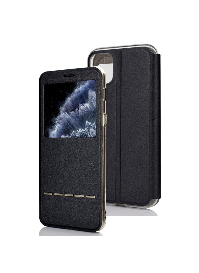 Generic - Case Cover For iPhone 11 Pro Matte Texture Horizontal Flip Bracket Mobile Phone Holster Window with Caller ID and Metal Button Slide To Unlock Black - Image 1