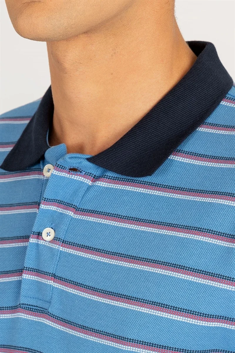 تودورس Men's Slim Fit Narrow Cut 100% Cotton Striped Pique Blue Polo Neck T-Shirt