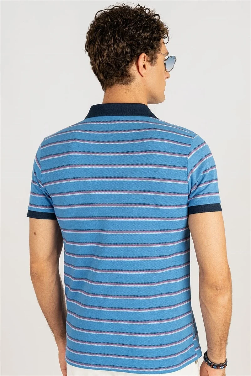 تودورس Men's Slim Fit Narrow Cut 100% Cotton Striped Pique Blue Polo Neck T-Shirt
