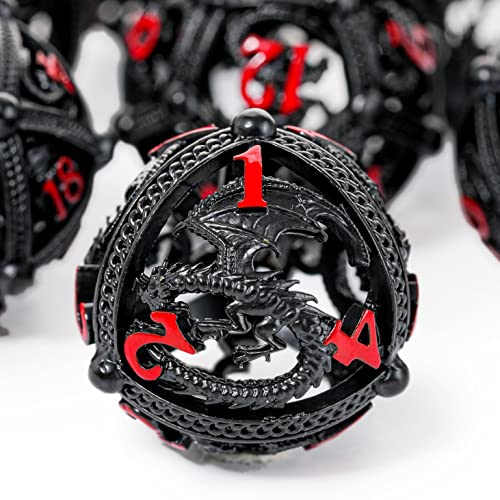 Soar Forge Metal DND Dice Set Unique Round Hollow Orb Design for Better Rolling Beautiful Dragon Set for Role Playing Games RPG Stunning DD Dungeons and Dragons Dice Black Red - Image 1