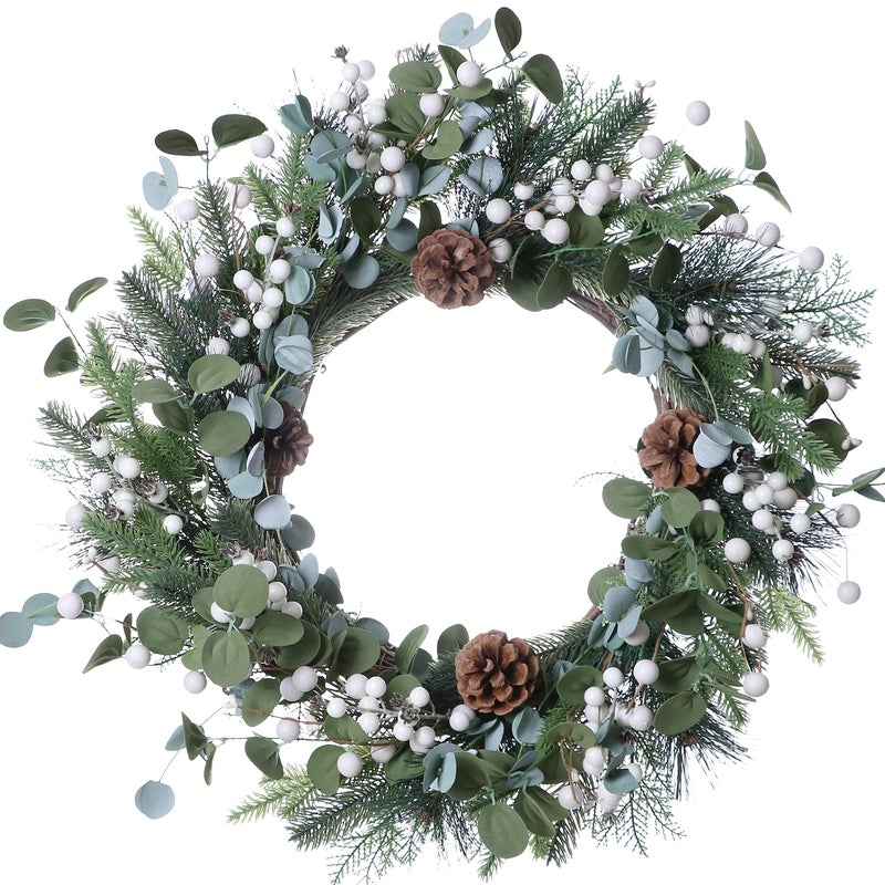 J'FLORU JFLORU Christmas Wreaths for Front Door 20 Inch Artificial Christmas Wreath White Winter Wreath with Berries Pine Cones Pine Needles for Xmas Winter Holidays - Image 2