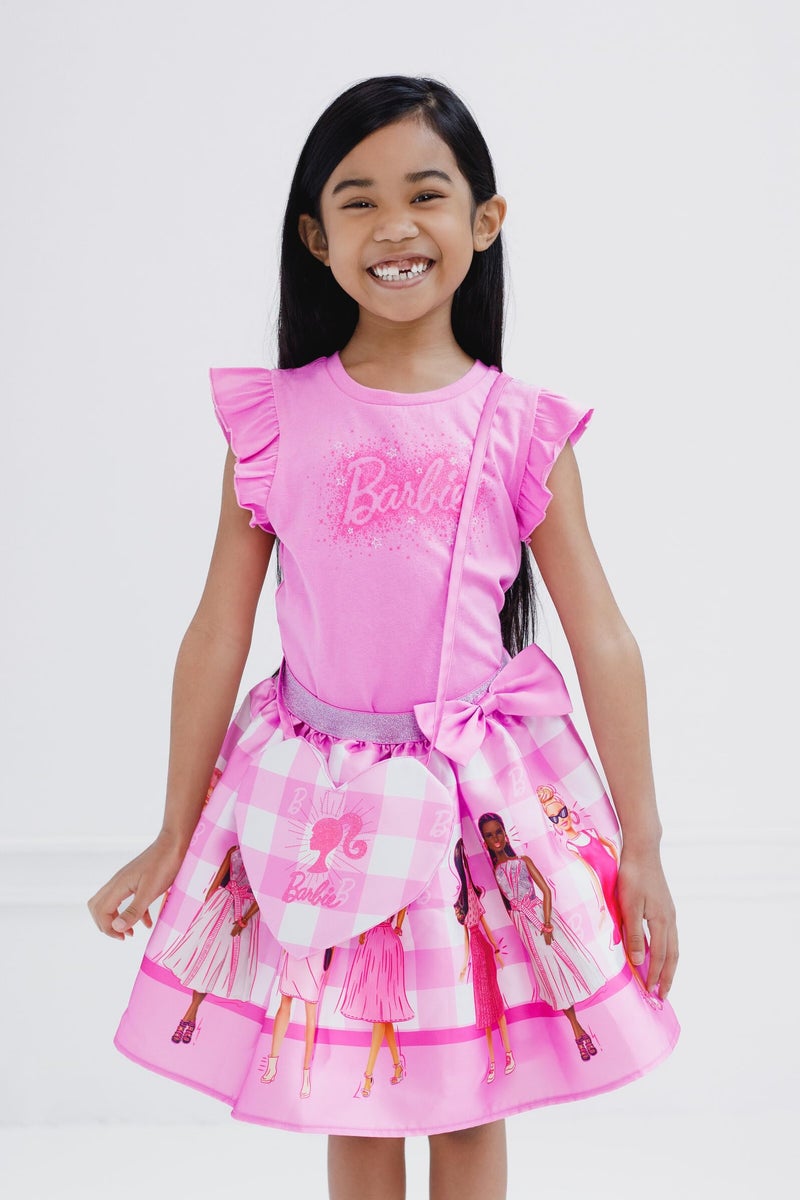 Barbie Little Girls Tank Top, Satin Skirt and Side Bag 3 Piece Outfit Set Gingham Pink 7-8 - Image 2